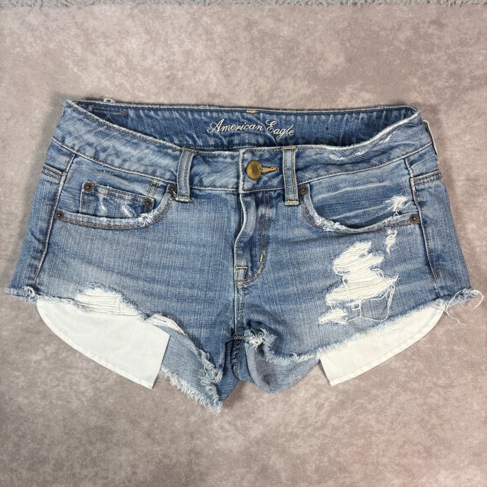 American Eagle Shorts Womens 4 Blue Denim Distressed Cut Off Low Rise Frayed